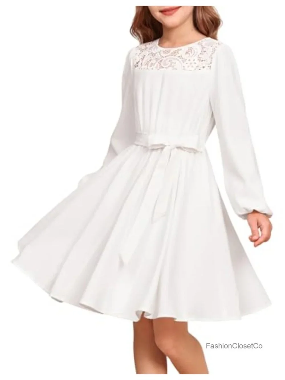 Girls Long Sleeve Midi A-Line Dress with Lace Panels & Twirl Skirt